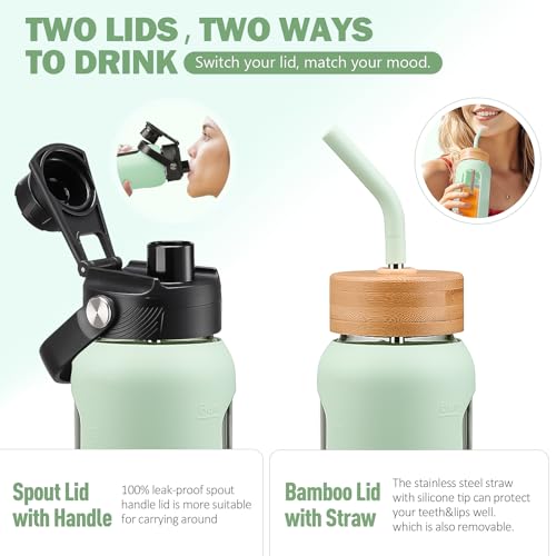 Image of 32 oz Glass Water Bottle with Straw - 2 Lids (Bamboo & Spout Lid), 1L Motivational Borosilicate Glass Daily Water Intake Bottle with Time Marker, Silicone Sleeve for Home Office-Light Green