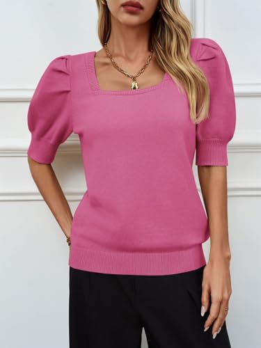 Image of Womens Puff Short Sleeve Sweater Tops Square Neck Casual Knit Pullover | Dressy Casual Blouses,Fall Shirts,Fashion Summer Clothing,Cute Spring Outfits,Work Shirts