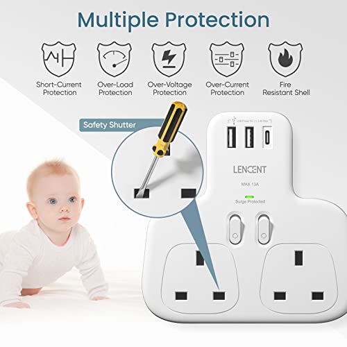 LENCENT Double Plug Adaptor with 1 USB C and 2 USB Ports, Surge Protected Multi Plug Extension Socket - Image 4