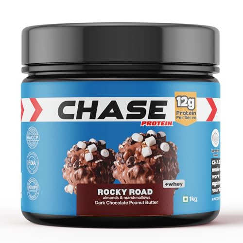 Image of Chase High Protein Peanut Butter Rocky Road 1kg | With Isolate Whey & 300g Protein in Jar | 12g Per Serve | Dark Chocolate with Almonds & Marshmallows | Healthy Nut Butter Spread for Fitness, Gym