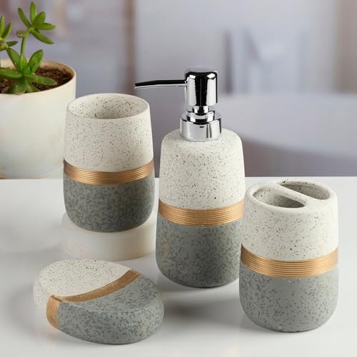 Image of SaSaSa Ceramic Bathroom Accessories Set of 4 - Stylish Bath Set with Liquid Soap Dispenser, Toothbrush Holder, Tumbler and Soap Dish for Modern Bathroom Decor, White /Grey (11984)