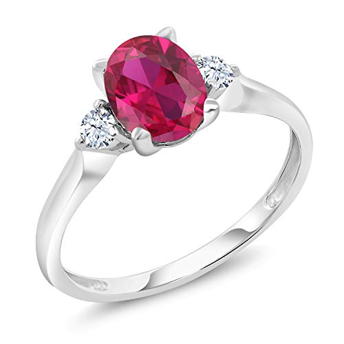 Gem Stone King 10K White Gold Red Created Ruby and White Created Sapphire 3-Stone Women's Engagement Ring 1.25 Ct (Size 7)