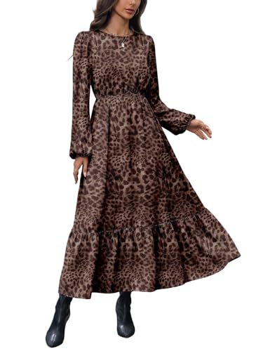 SweatyRocks Damen Langarm Kleid A Linie Freizeitkleid Leo Kleid Casual Maxikleid Leopardmuster Lange Kleider mit Glockenärmel Leoparden M