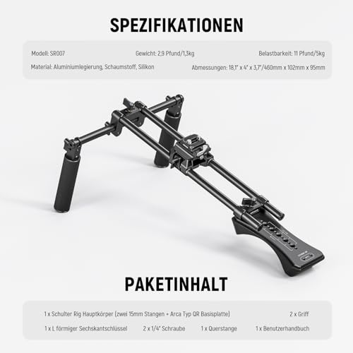 NEEWER SR007 Schulterstativ mit Arca-Schnellentriegelung für DSLR-Kamera/Camcorder, Zweihandgriff, 15-mm-Stangen (40 cm), Stabilisator für Filmemachen, kompatibel mit SmallRig Follow Focus, SR0007