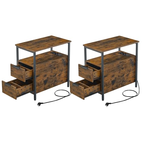 VASAGLE Beistelltisch mit Steckdosenleiste, 2 Schubladen, 2er Set