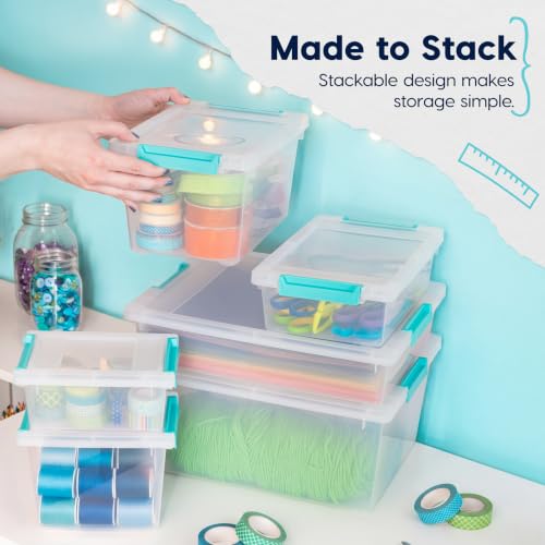 Image of IRIS USA 2 Qt. Craft Storage Bins with Lids, 6-Pack, |Made in USA|, Clip Box, Small Tall Plastic Sensory Bin Tote Organizer Containers for Art Supplies, Paper, & Office, Stackable - Clear /Seafoam Blue