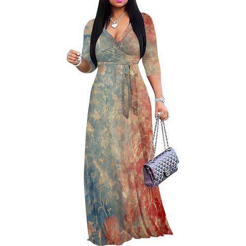 Image of Plus Size Dresses for Women Print Maxi Dresses 3 /4 Sleeve with Belt