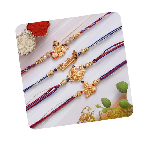 Image of eCraftIndia Set of 4 Golden Laddu Gopal, Lord Krishna Playing Flute, Lord Ganesha, and Shivling Religious Rakhis with Green Red Threads, and Roli Chawal Pack