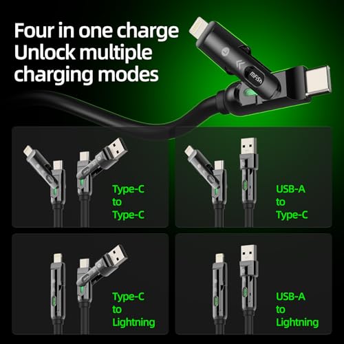 Image of MFish 4 in 1 Charging Cable, 240W Max Fast Charger Cord 10FT with Carrying Case, Silicone USB A /C to Lightning /C with Light, Multi Universal Cable for iPhone 17 /16 /MacBook /iPad /Laptop /Carplay, Black