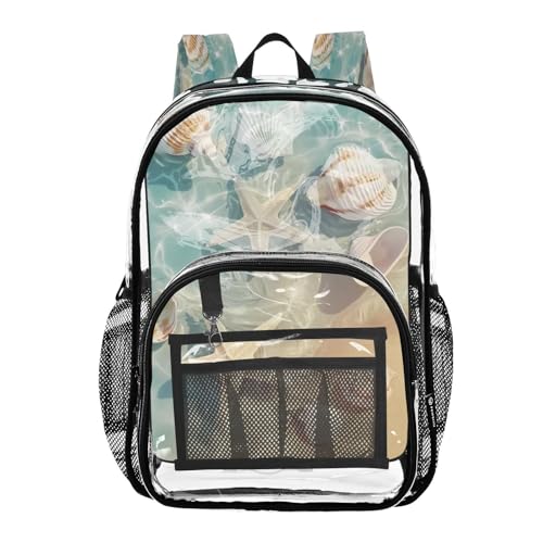 Summer Beach Starfish and Seashell Clear Backpack - Stadium Approved Large 15.7-inch Waterproof Transparent Bag for Sports, Concerts, Work, Travel#567