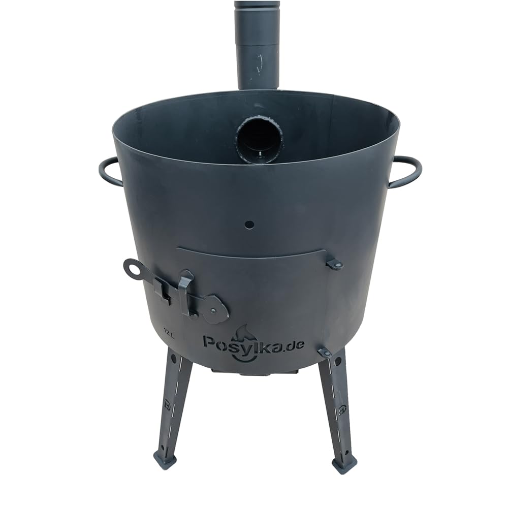 Utschak horno de fuego con termómetro olla de hierro fundido Kazan base redonda con tapa (12 L) espumadera 48 cm KazanOFF, Учаг, exterior, brasero, camping, Kazan, horno holandés con cañón