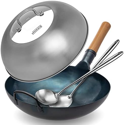YOSUKATA Flat Bottom Wok Pan - 13.5" Blue Carbon Steel Wok + 17’’ Spatula and Ladle - Set of 2 Heat-Resistant Tools + Wok Lid 12.8 Inch - Thumbnail 2