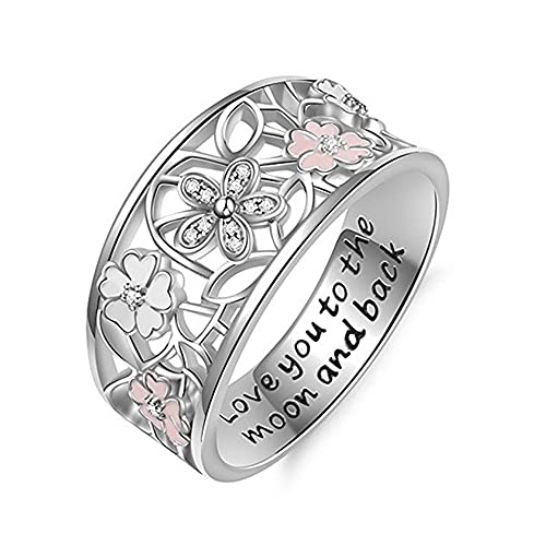 925 Sterling Silver Ring Engraved I Love You to The Moon and Back Eternity Ring Hollow Flower Pattern Ring Cherry Ring for Women ST.013(9)