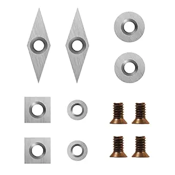 DEEFIINE Tungsten Carbide Cutters Inserts Set(8pcs) with 4pcs Screws for Wood Lathe Turning Tools(Include 11mm Square,12mm and 8.9mm Round,30x10mm Diamond with Sharp Point)