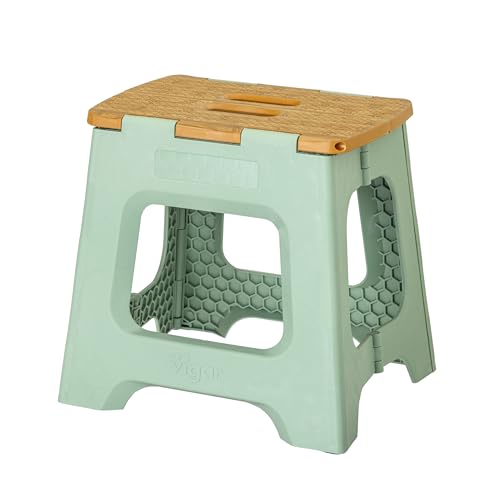 Image of Vigar Compact Folding Step Stool, 12-1 /2 in, Green Bamboo Print | 12-1 /2 in Foldable Stool, Lightweight Portable Design, Handle, Non Slip Surface, Space-Saving, Supports up to 330 lb