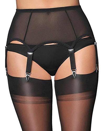 MEYZEZE Women Mesh Suspender Garter Belt Plus Size Lingerie Set with G-String for Stockings Black