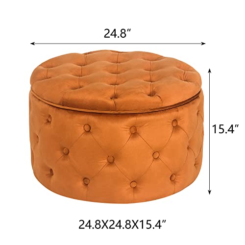 Adeco Modern 24.8 Inch Orange Round Storage Ottomans Chair, Button Tufted Upholstered Ottoman Footstool With Storage For Living Room Bedroom #TOP2