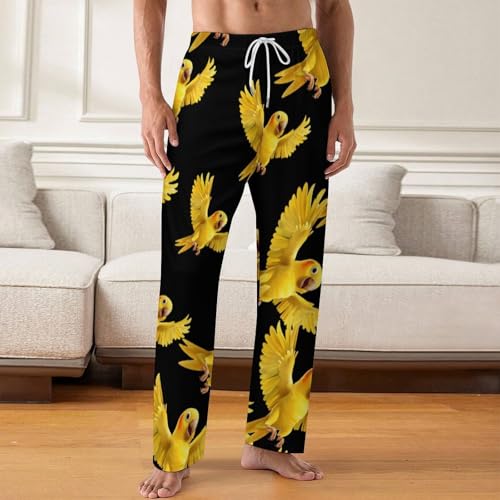 Yellow Indian Ringneck Parrot Bird Mens Pajama Pants Print Lounge Pant PJ Bottoms Sleepwear Loungewear2