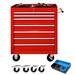 7 Drawer Metal Tool Chest - 30 inch Tool Cart with Wheels, Lock & Trays for Garage Storage (Red)