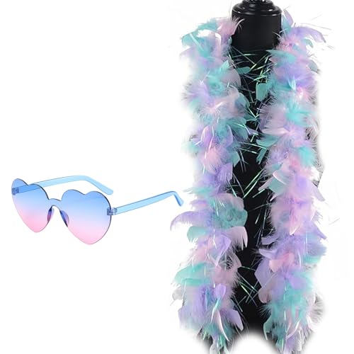 QhgPnt Feather Boa Colorful Feather Boa With Heart Sunglasses Delicate Feather Scarf 1.2M Soft Feather Scarf For Dance Performances Wedding Parties Carnival Celebrations