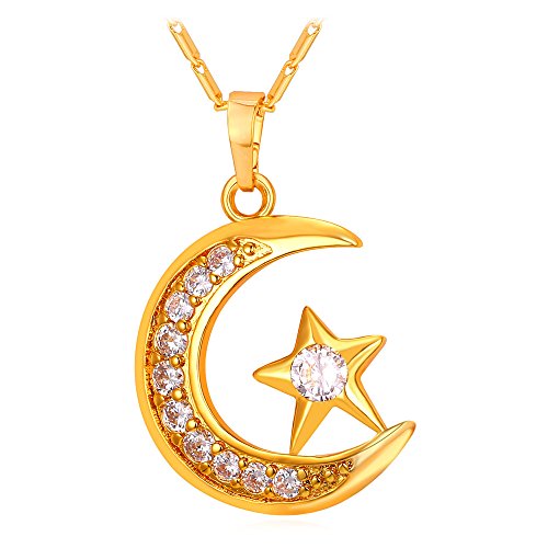 U7 Allah Necklace for Women/Men, 18K Gold Plated Square/Oval/Coin/Heart/Crescent Moon Islamic Pendant Necklace Muslim Jewelry with Chain 01.Crescent M