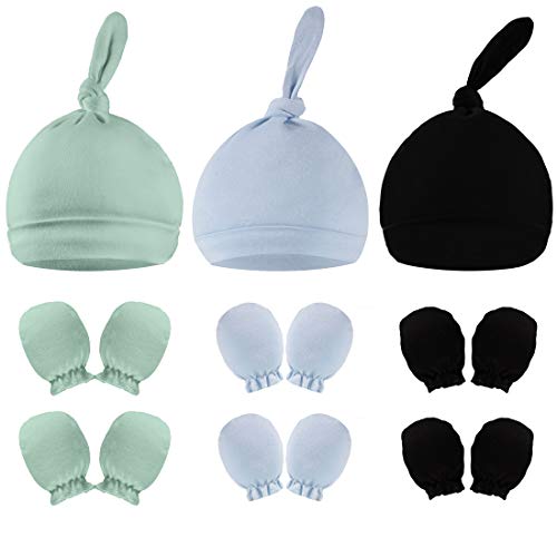 Evercute Baby Hats Mittens Set 0-3 months 9/6/3pack Premium Newborn Beanies Top Knot Caps Gloves No Scratch Baby Boys Girls (9pk-black/green/blue-3hats+6gloves)