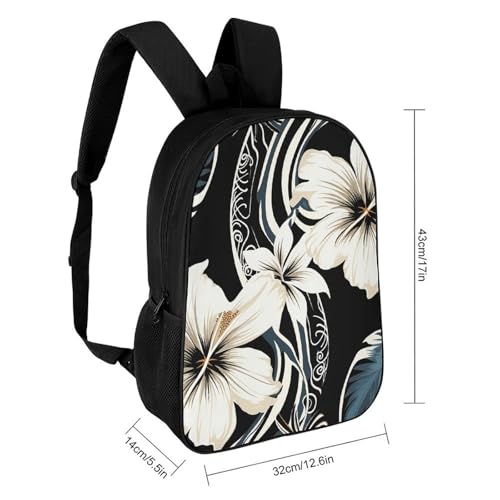 Black And White Hawaiian Flowers Backpack - Durable 600D Polyester, 17 Inch Backpack with Ergonomic Adjustable Straps, Lightweight Travel Bag for Men & Women2