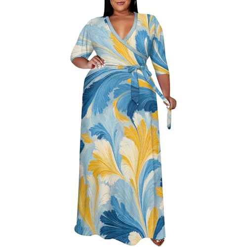 Image of SUZONANA Plus Size Maxi Dresses for Curcy Women Casual Loose 3 /4 Sleeve Long Dress with Belt