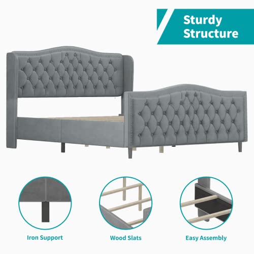 Balus Queen Wingback Bed Frame With Headboard,Upholstered Platform Bed Frame Dutch Velvet Upholstered Bed，Modern Design，Available In 3 Sizes And 3 Colors Panel Bed Frame (Silver Gray) #TOP2