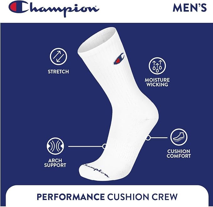 Image of Champion Men's Cushioned Crew Socks 5-Pack - Moisture-Wicking Athletic Crew Socks with Arch Support (Sizes 6-12)