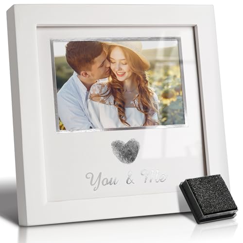 You & Me Thumbprint Picture Frame with Ink Kit Anniversary Wedding Gifts for Couples Fingerprint Heart Photo Frame for Wedding Engagement Bridal Shower Wedding Anniversary & Valentines Day Gift(White)