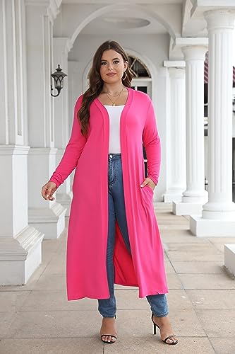 Image of Women Plus Size Floor Length Open Front Drape Cardigan Lightweight Long Sleeve Maxi Duster with Pockets 1X-5X