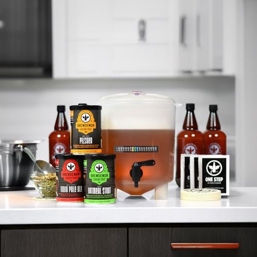 BrewDemon Premium Beer Kit Bonus with Bottles - Conical Fermenter Eliminates Sediment and Makes Great Tasting Home Made Beer - 1 Gal. Pilsner, Stout, and IPA Recipes