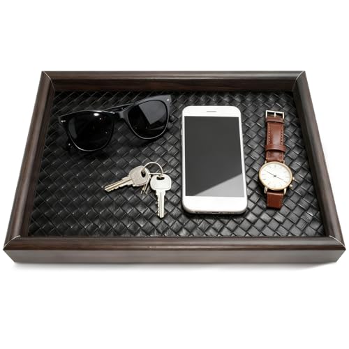 Wooden Valet Tray Desk Organizer with Leather Base Nightstand Entryway Bedside Dump Holder for Wallets Keys Watches Jewelry & Sunglasses