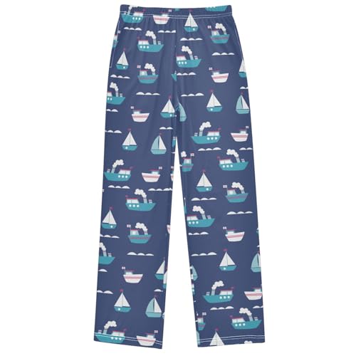 Boy's Pj Pants Cute Little Boat Ornament Lounge Bottoms Elastic Kids Sweatpants Joggers with Pockets Size 6-14