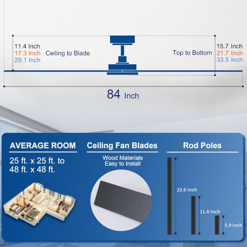 Image of Rayqueen 84 Inch Black Ceiling Fans with Lights and Remote,Includes Downrod