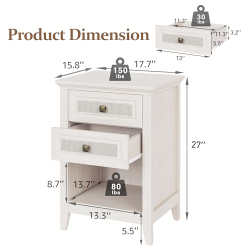 RoyalCraft Rattan Nightstand, Boho Bedside Table with 2 Rattan Decor Drawers, Accent End Table with Open Storage Shelf, Wood Bedside Unit for Bedroom, Home Office, Grayish White by RoyalCraft - Image 6