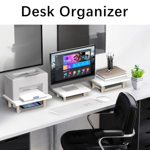 LOSADY Separate Dual Monitor Stand with Storage – Ergonomic Riser for 2-3 Screens, Desk Organizer & Printer Stand | Home Office Essential, White