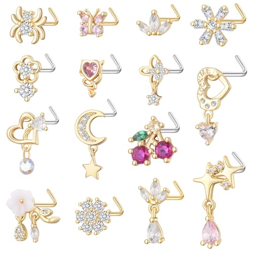 TAMHOO 15Pcs Nose Rings - L Shape Designs with Surgical-grade stainless steel - Gold/Silver Nose Studs for Women