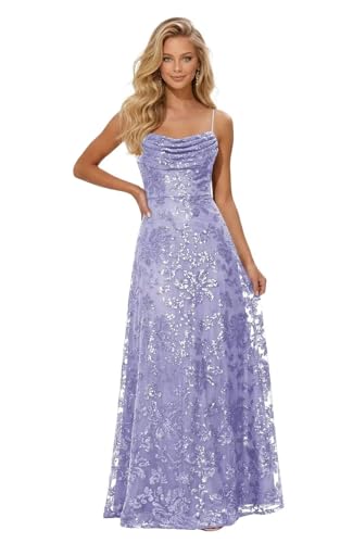 IMCACTOR Lace Sequin Prom Dresses for Women Lavender Spaghetti Straps Sparkly Cowl Neck Long Ball...