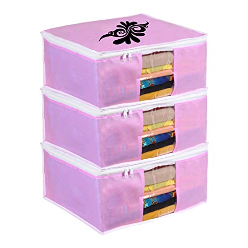 Image of PrettyKrafts Saree Cover Large with creative prints, Saree Storage Bag with Zip, Wardrobe Organiser, Clothes Cover & Storage, (Set of 3) Pink