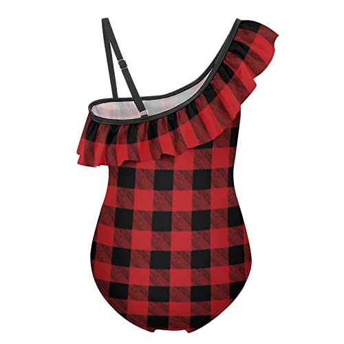 Red Buffalo Plaid Girl's Swimsuit One Piece Ruffle Bathing Suit Swimwear Beachwear2