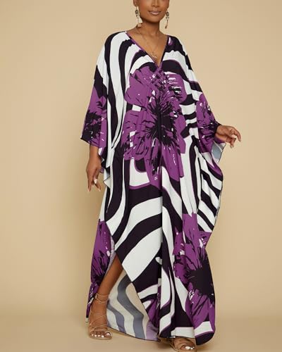 Image of Bsubseach Kaftan Dresses for Women Floral Print Plus Size Beach Cover Up | Lightweight V Neck Loose Fit Boho Dress, Batwing Sleeve Side Slit, Moo Moos for Women Home Loungwear Cruise Resort Wear