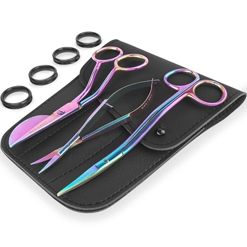 MAKER AND MARKET Premium Embroidery Scissors Set of 3 Kit - Double Bent Offset Duckbill, Spring Action Curved Blade and Double Bend Long Applique Needlepoint with Pouch Sleeve (Rainbow)