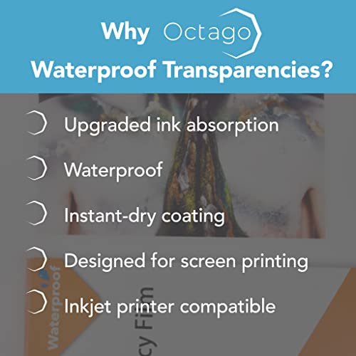 Octago Waterproof Inkjet Transparency Film For Screen Printing (60 Pack) Transparency Paper For Inkjet Printers - Print Color Transparent Paper Designed For Silk Screen Printing (8.5X11 Inches) #TOP1