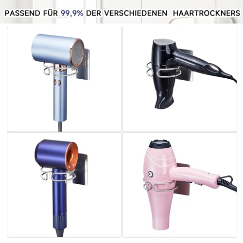 LOXSUN Föhn Halterung, Fönhalter Ohne Bohren, Edelstahl Föhnhalter Wand, Halterung für Fön Aufbewahrung Haartrocknerhalter, Fönhalterung Selbstklebend Föhnhalterungen für Bad (Silber) 5