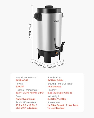 Image of VEVOR Commercial Coffee Urn, Hot Drink Dispenser for 40 Cups, 206 oz with Drip Free Key, Fast Brewing Machine, 1090 W, Automatic Temperature Control, for