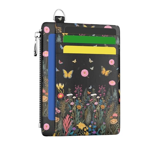 Image of Hancynir Butterfly Flower Slim Wallet Women Credit Card Holder, Small RFID | Zipper Pocket Wallet, Thin Travel Coin Purse, PU Leather, Minimalist Card Case, 6 Card Slots, ID Window, Ladies Women Gifts