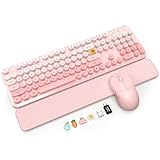 Wireless Keyboard and Mouse Combo, Magnetic Soft-Touch Wrist Rest, Round Keycaps, Full-Size Retro Typewriter Keyboard, 2-Stage Tilt Legs, Auto Sleep, 2.4GHz Cordless for Windows PC, Blush Pink Ombre