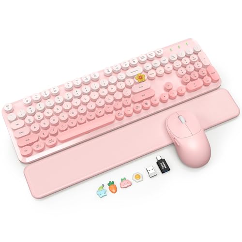 Wireless Keyboard and Mouse Combo, Magnetic Soft-Touch Wrist Rest, Round Keycaps, Full-Size Retro Typewriter Keyboard, 2-Stage Tilt Legs, Auto Sleep, 2.4GHz Cordless for Windows PC, Blush Pink Ombre